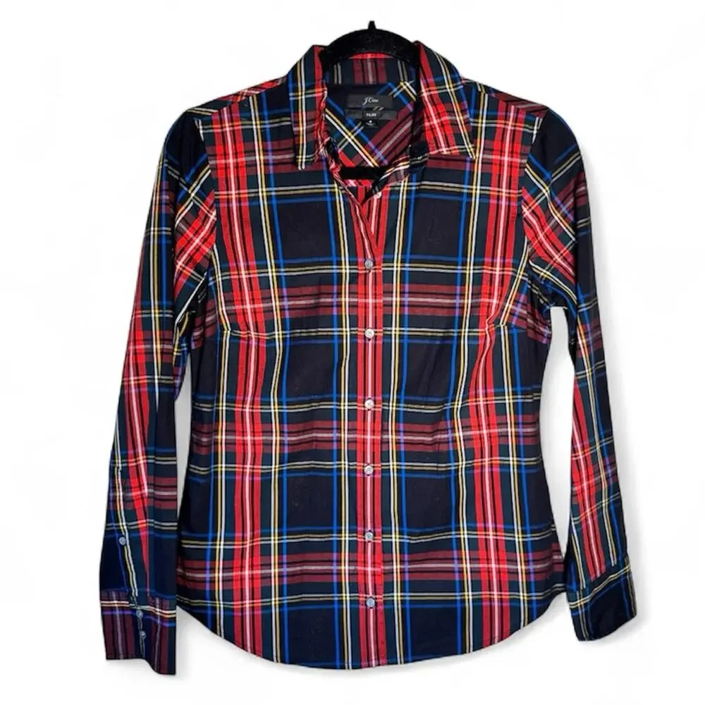 J Crew Black Red Plaid Button Down Shirt Womens Slim 4 Classic Flannel Blouse